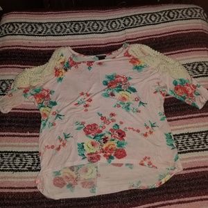 Floral shirt with crochet cutout shoulders